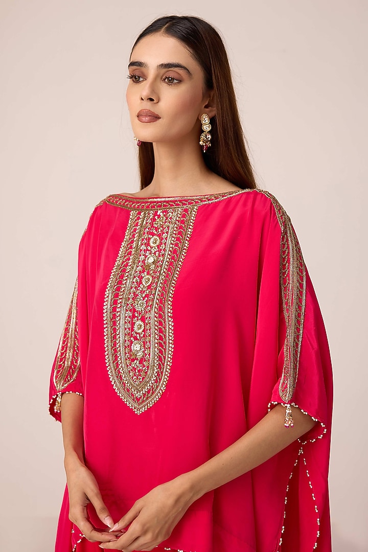Pink & Red Crepe Satin Zardosi Embroidered Kaftan Set by Shyam Narayan Prasad at Pernia's Pop Up Shop