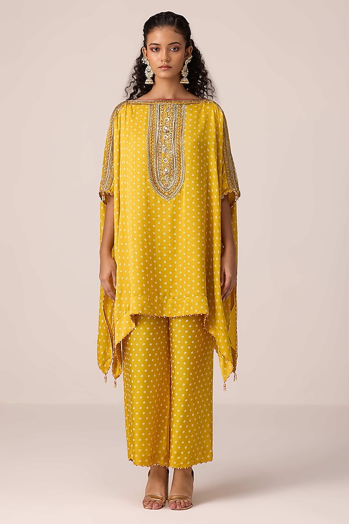 Mustard Modal Satin Bandhani Printed & Zardosi Embroidered Kaftan Set by Shyam Narayan Prasad at Pernia's Pop Up Shop