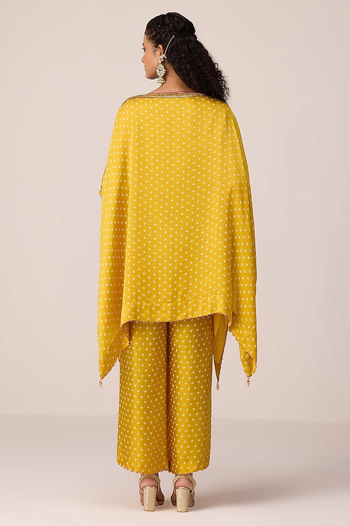 Mustard Modal Satin Bandhani Printed & Zardosi Embroidered Kaftan Set by Shyam Narayan Prasad at Pernia's Pop Up Shop