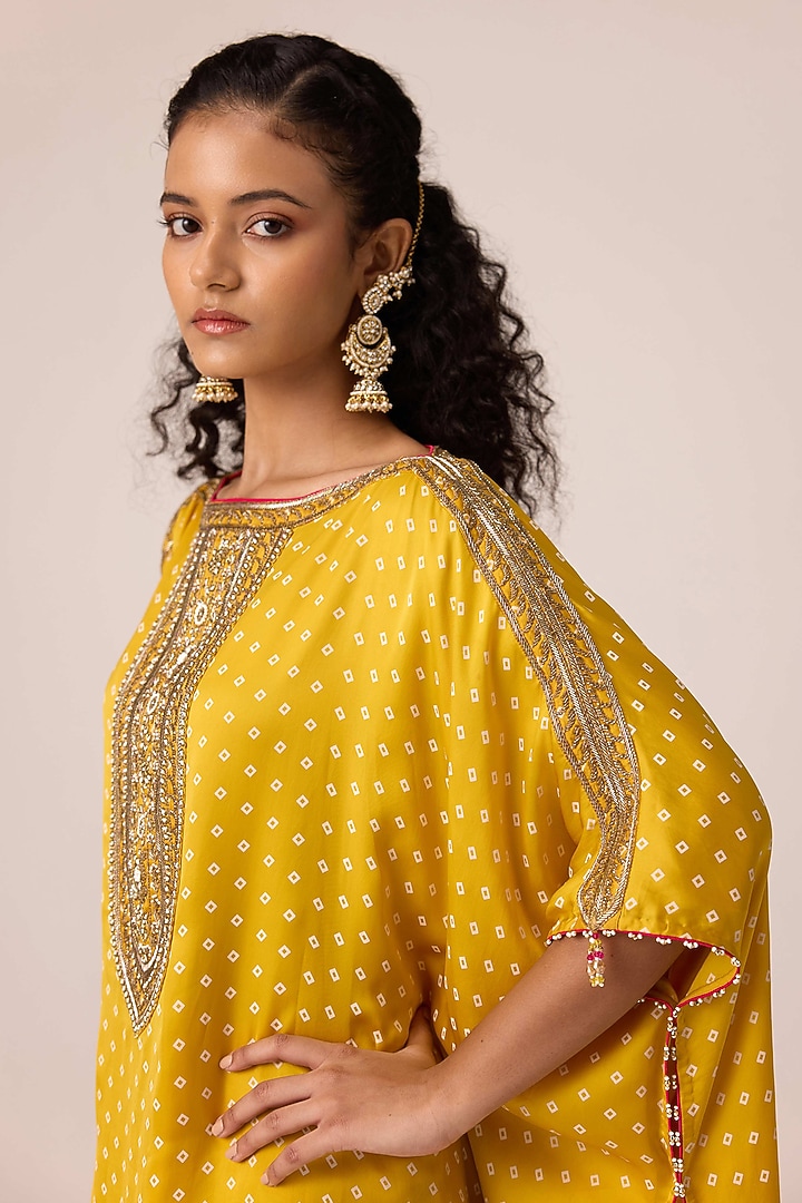 Mustard Modal Satin Bandhani Printed & Zardosi Embroidered Kaftan Set by Shyam Narayan Prasad at Pernia's Pop Up Shop