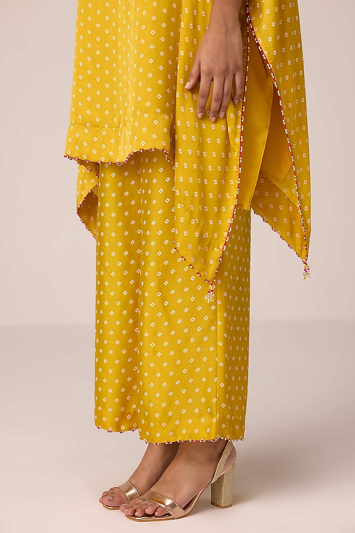 Mustard Modal Satin Bandhani Printed & Zardosi Embroidered Kaftan Set by Shyam Narayan Prasad at Pernia's Pop Up Shop
