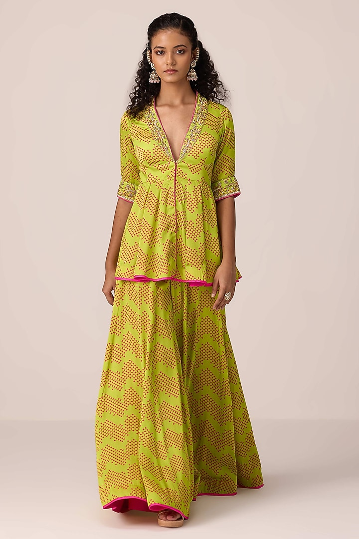 Bright Green Modal Satin Bandhani Printed Flared Pant Set by Shyam Narayan Prasad at Pernia's Pop Up Shop