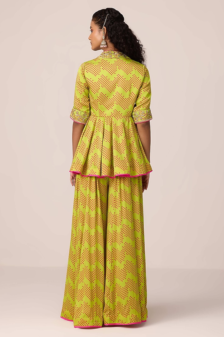 Bright Green Modal Satin Bandhani Printed Flared Pant Set by Shyam Narayan Prasad at Pernia's Pop Up Shop
