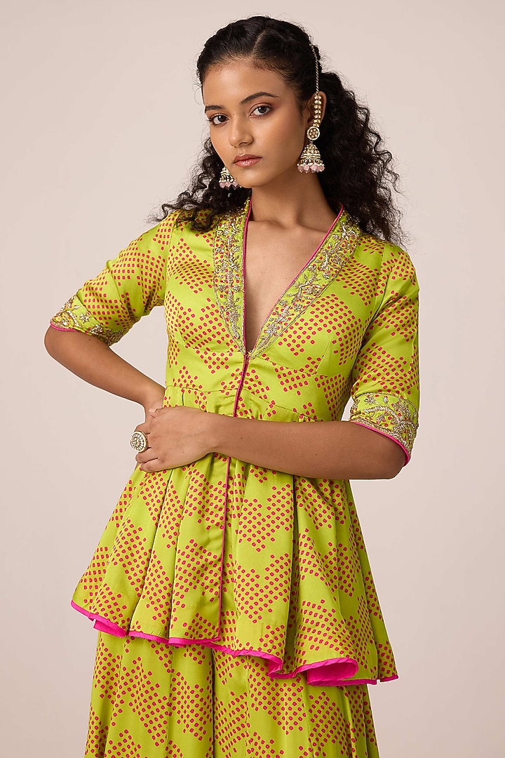 Bright Green Modal Satin Bandhani Printed Flared Pant Set by Shyam Narayan Prasad at Pernia's Pop Up Shop