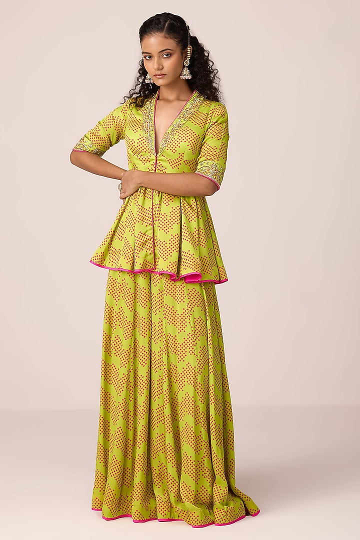 Bright Green Modal Satin Bandhani Printed Flared Pant Set by Shyam Narayan Prasad at Pernia's Pop Up Shop