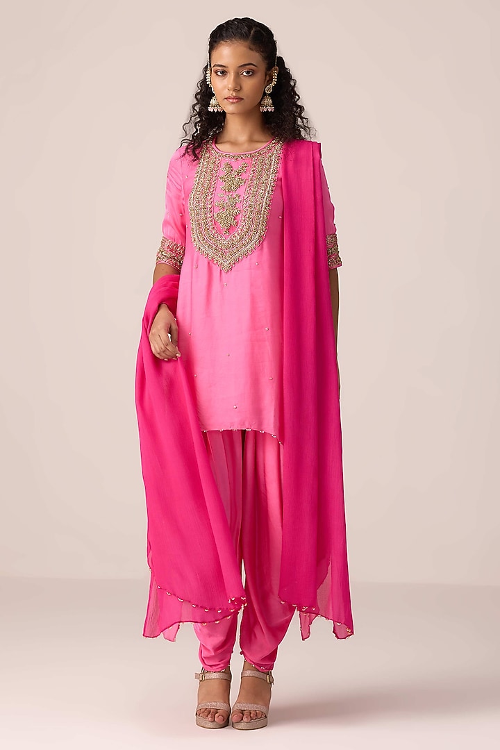 Coral Pink Organza Satin Dhoti Set by Shyam Narayan Prasad at Pernia's Pop Up Shop