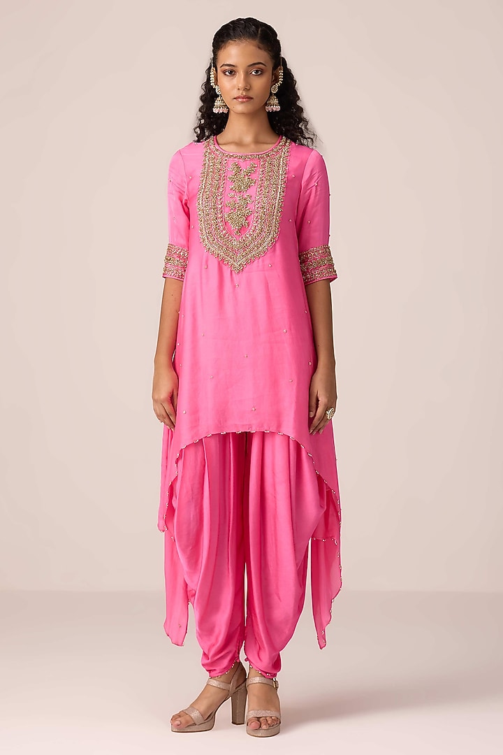 Coral Pink Organza Satin Dhoti Set by Shyam Narayan Prasad at Pernia's Pop Up Shop