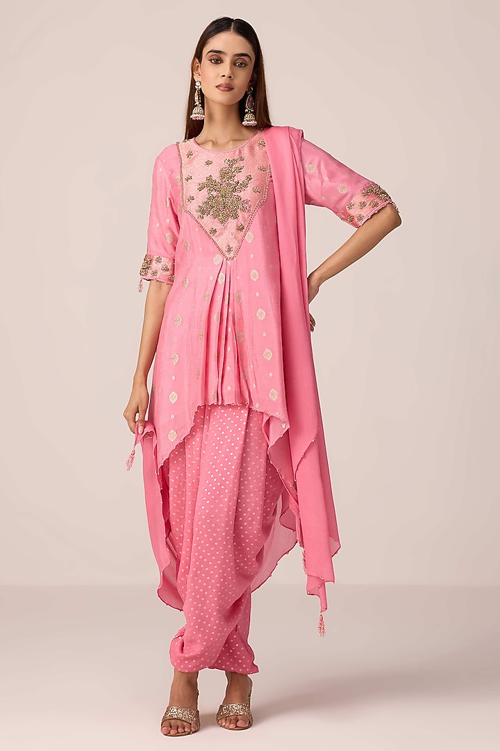Coral Pink Brocade Chinon Dhoti Set by Shyam Narayan Prasad at Pernia's Pop Up Shop