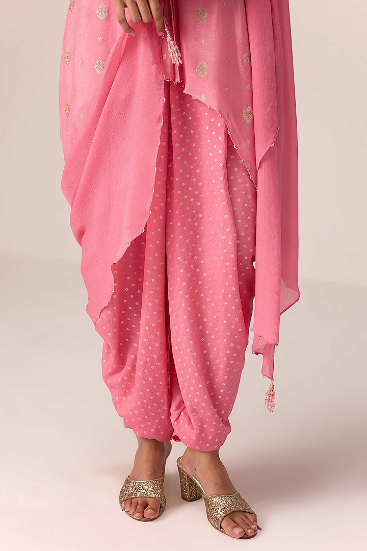 Coral Pink Brocade Chinon Dhoti Set by Shyam Narayan Prasad at Pernia's Pop Up Shop