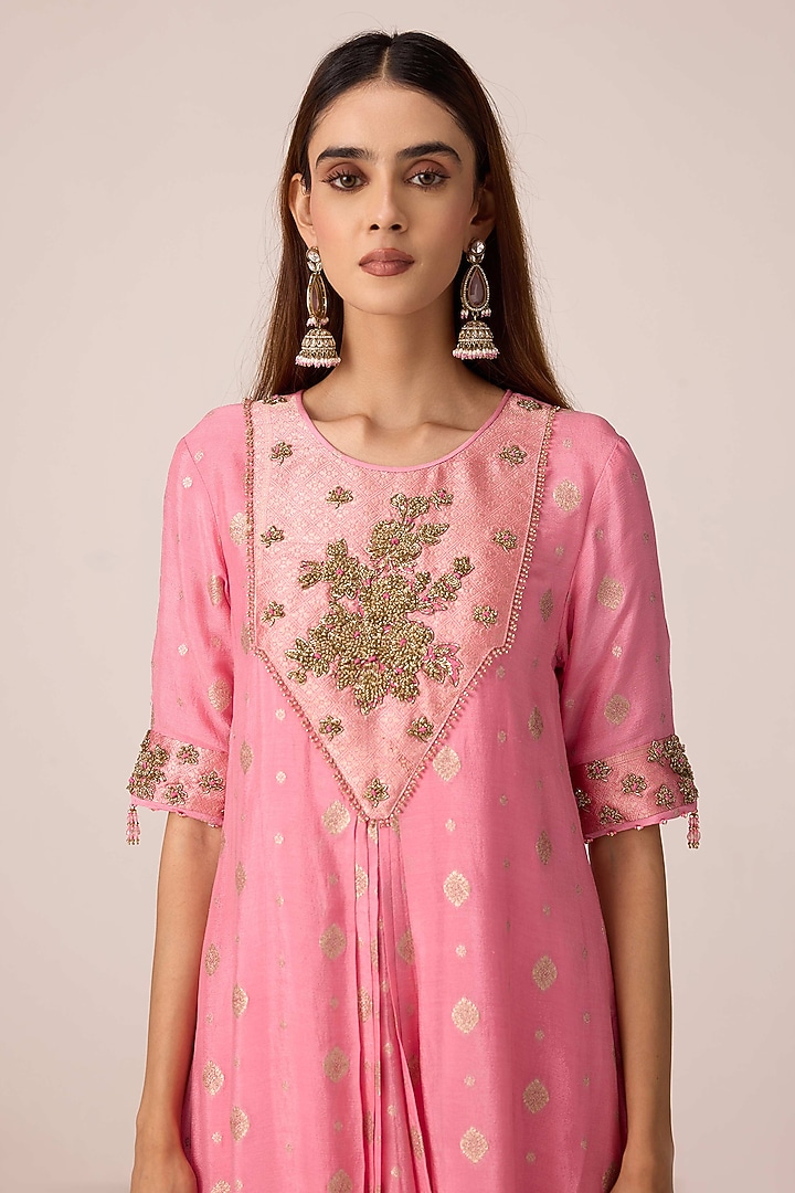 Coral Pink Brocade Chinon Dhoti Set by Shyam Narayan Prasad at Pernia's Pop Up Shop