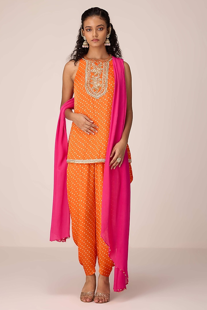 Orange Modal Satin Dhoti Set by Shyam Narayan Prasad at Pernia's Pop Up Shop