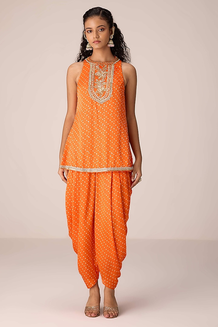 Orange Modal Satin Dhoti Set by Shyam Narayan Prasad at Pernia's Pop Up Shop