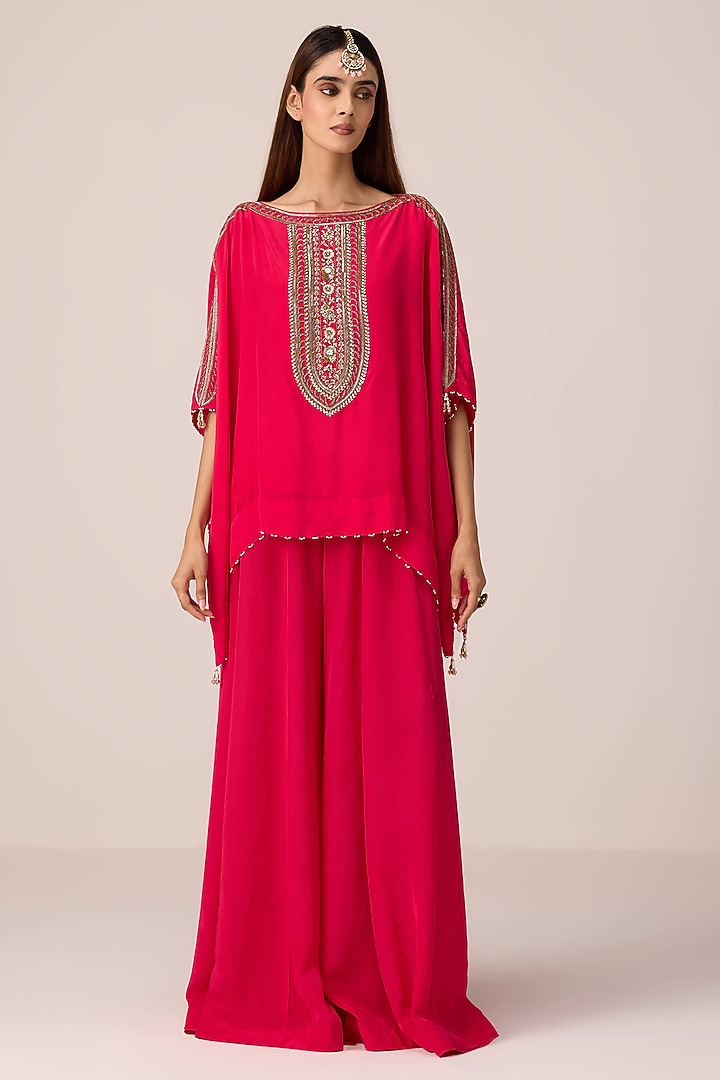 Pink Crepe Satin Zardosi Embroidered Kaftan Set by Shyam Narayan Prasad at Pernia's Pop Up Shop