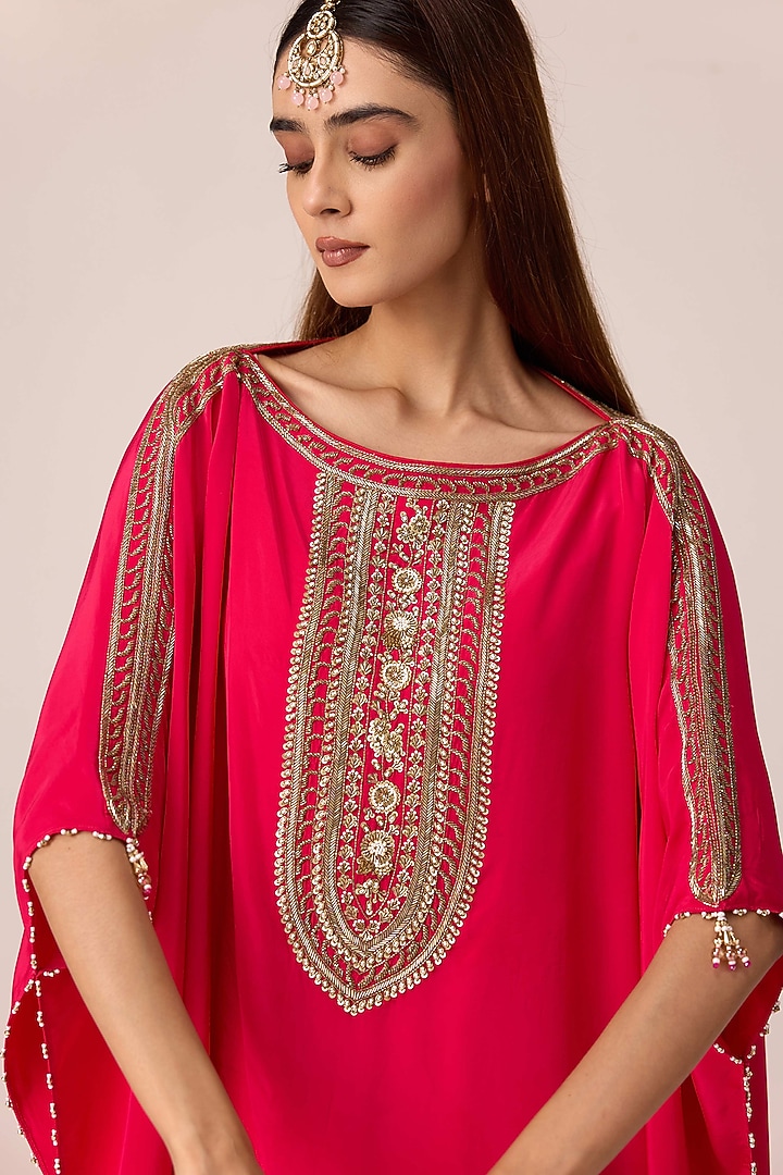 Pink Crepe Satin Zardosi Embroidered Kaftan Set by Shyam Narayan Prasad at Pernia's Pop Up Shop