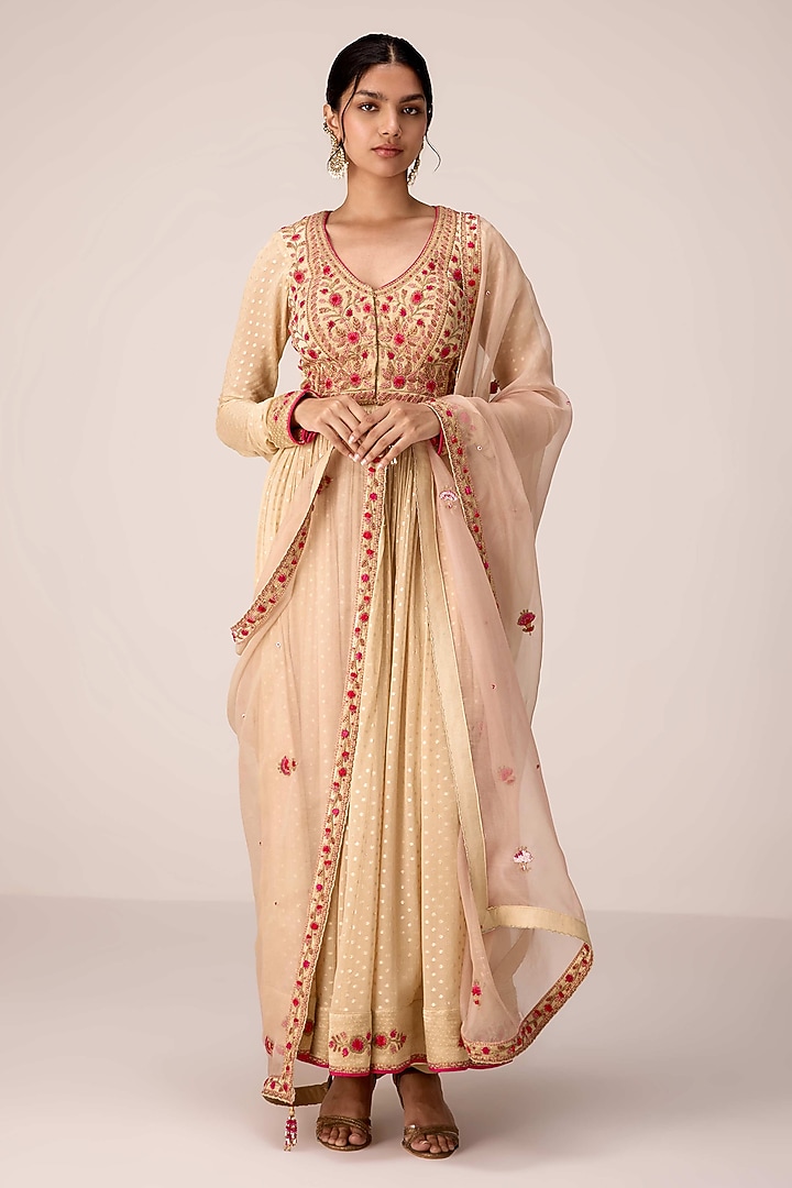 Ivory Chinon Brocade Thread Embroidered Wedding Anarkali Set by Shyam Narayan Prasad at Pernia's Pop Up Shop