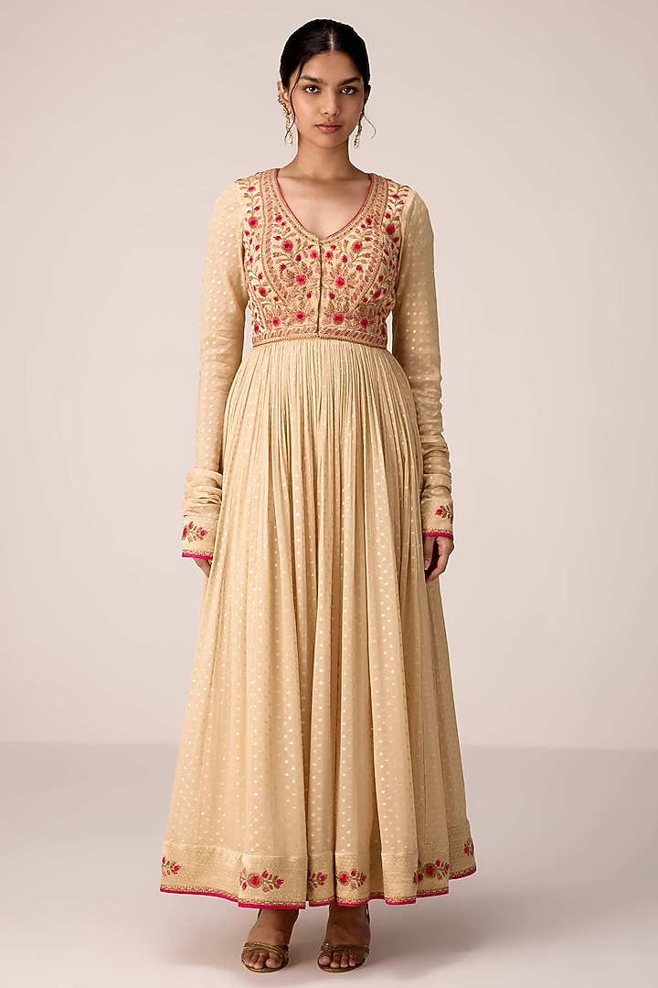 Ivory Chinon Brocade Thread Embroidered Wedding Anarkali Set by Shyam Narayan Prasad at Pernia's Pop Up Shop