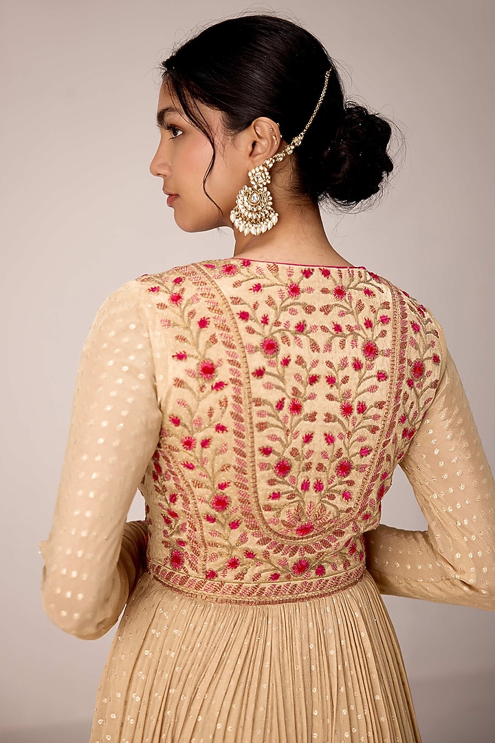 Ivory Chinon Brocade Thread Embroidered Wedding Anarkali Set by Shyam Narayan Prasad at Pernia's Pop Up Shop