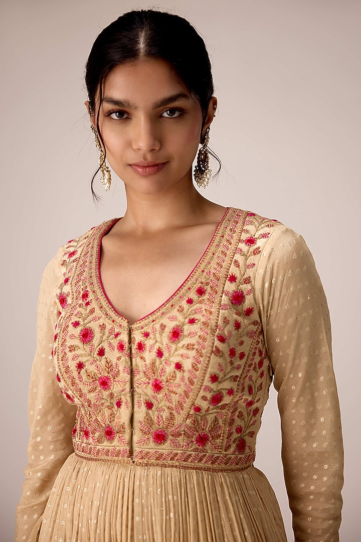 Ivory Chinon Brocade Thread Embroidered Wedding Anarkali Set by Shyam Narayan Prasad at Pernia's Pop Up Shop