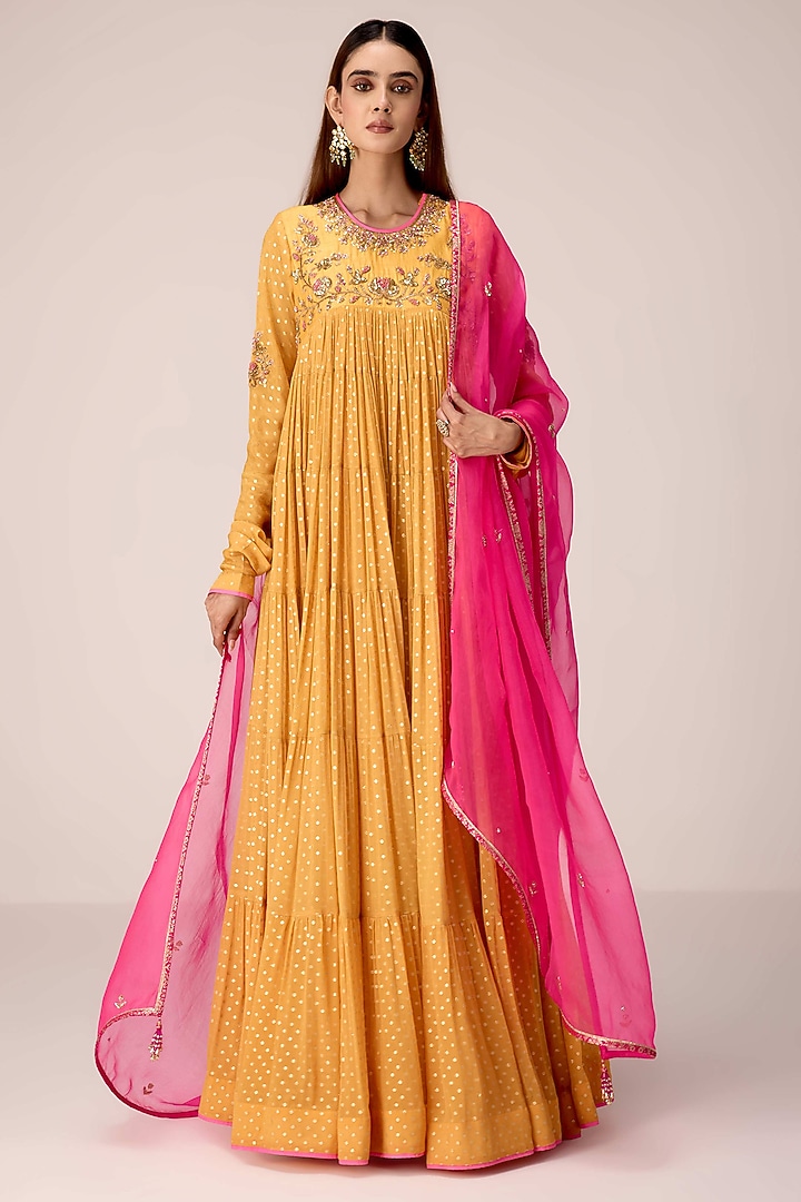 Mustard Yellow Raw Silk Zardosi Embroidered Party Wear Anarkali Set by Shyam Narayan Prasad at Pernia's Pop Up Shop