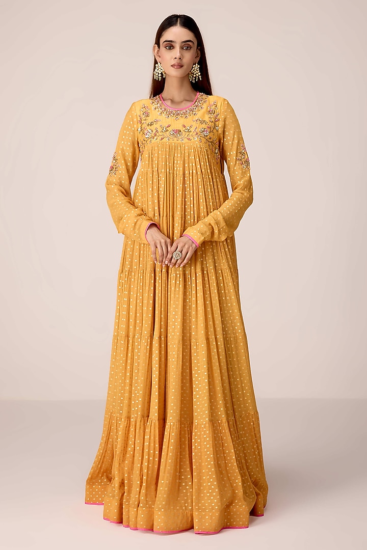 Mustard Yellow Raw Silk Zardosi Embroidered Party Wear Anarkali Set by Shyam Narayan Prasad at Pernia's Pop Up Shop
