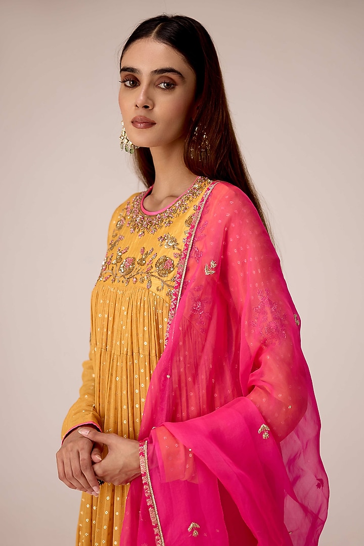 Mustard Yellow Raw Silk Zardosi Embroidered Party Wear Anarkali Set by Shyam Narayan Prasad at Pernia's Pop Up Shop