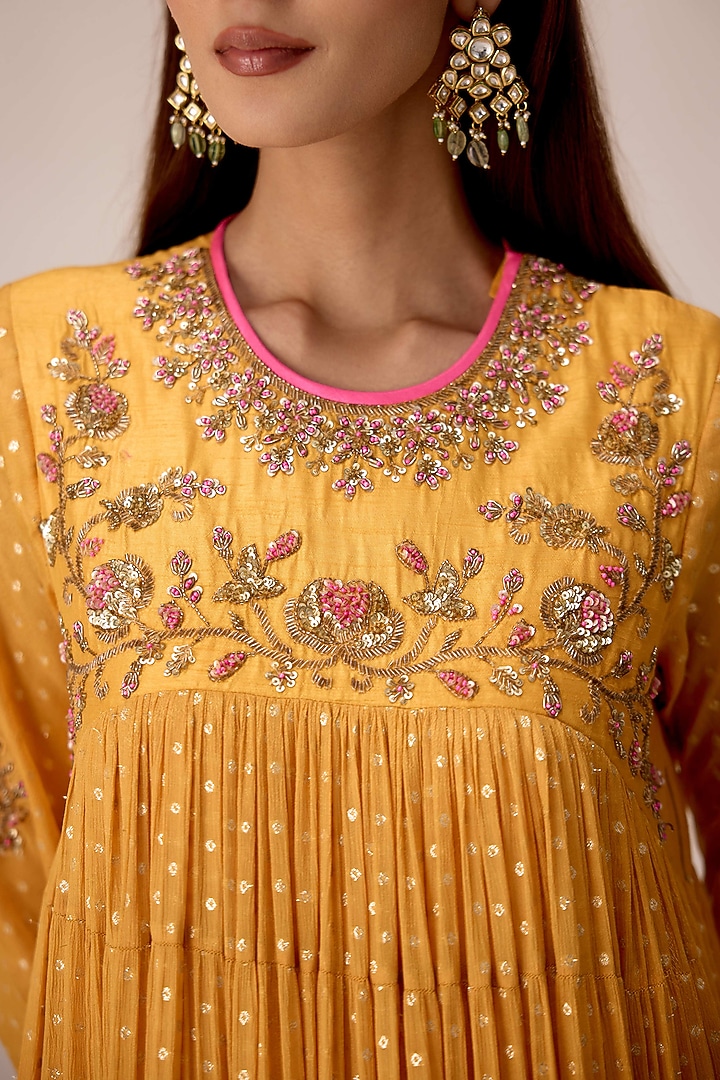 Mustard Yellow Raw Silk Zardosi Embroidered Party Wear Anarkali Set by Shyam Narayan Prasad at Pernia's Pop Up Shop