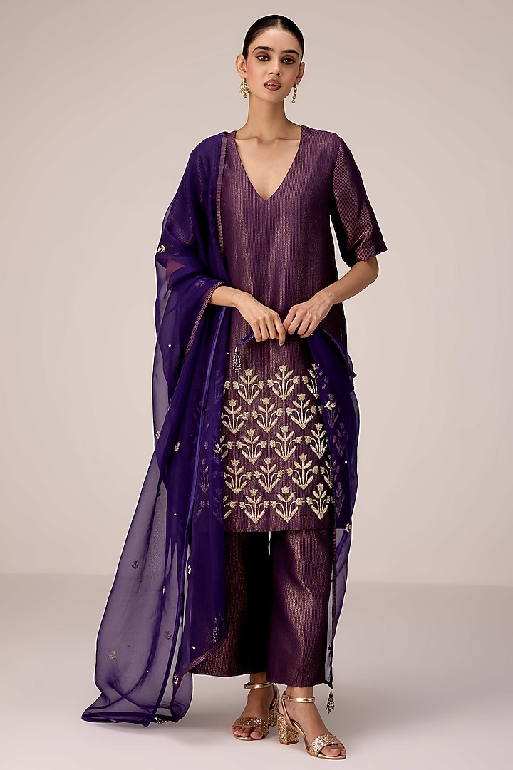 Purple Wine Silk Banarasi Brocade Zardosi Embroidered Kurta Set by Shyam Narayan Prasad at Pernia's Pop Up Shop