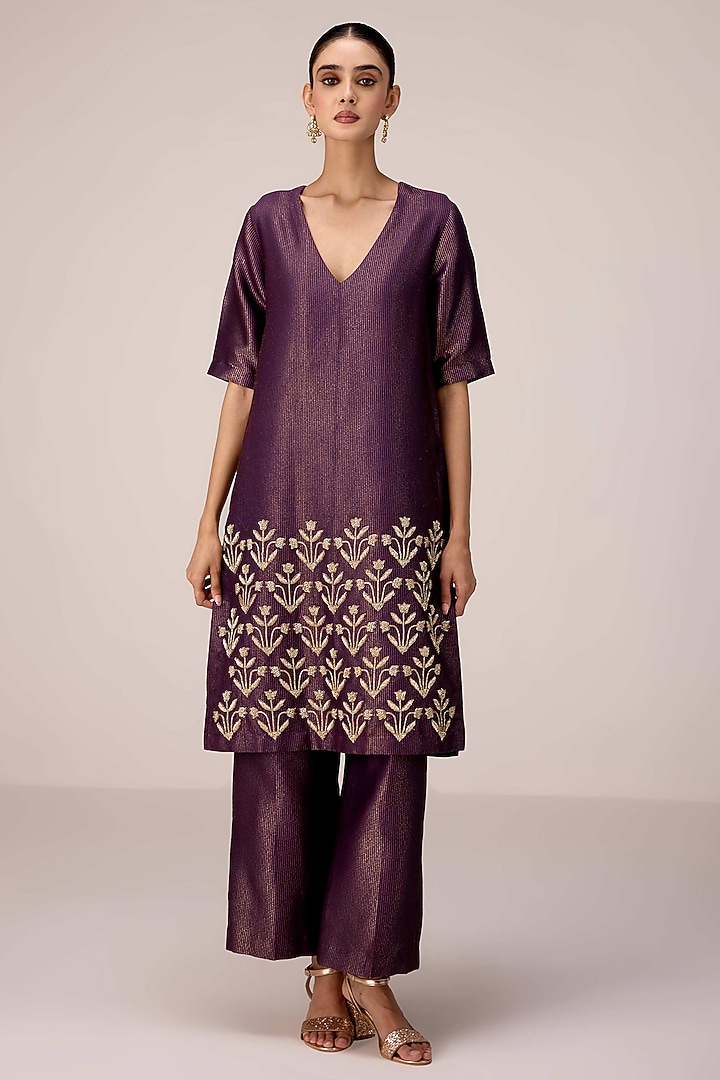 Purple Wine Silk Banarasi Brocade Zardosi Embroidered Kurta Set by Shyam Narayan Prasad at Pernia's Pop Up Shop