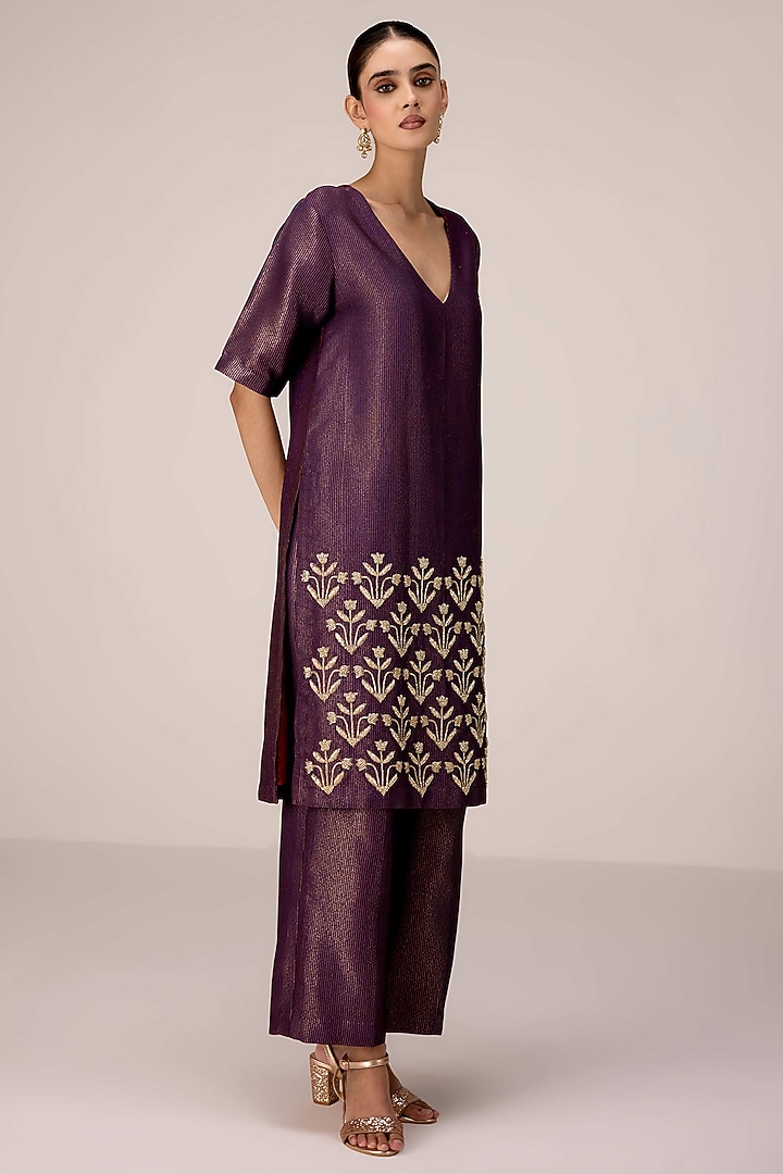 Purple Wine Silk Banarasi Brocade Zardosi Embroidered Kurta Set by Shyam Narayan Prasad at Pernia's Pop Up Shop