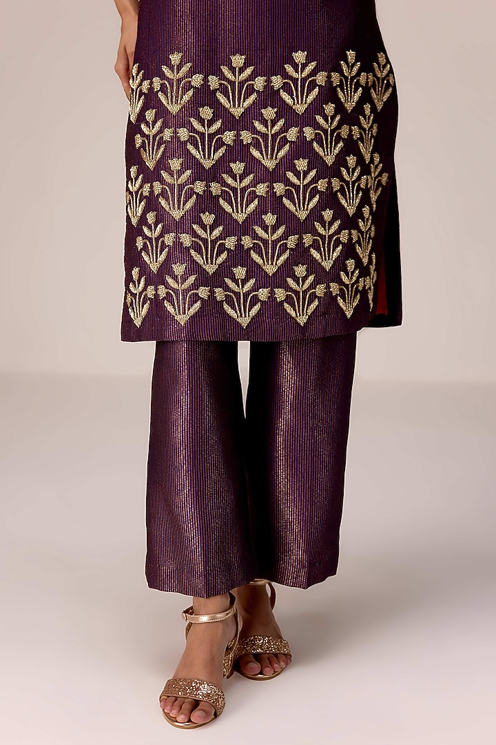 Purple Wine Silk Banarasi Brocade Zardosi Embroidered Kurta Set by Shyam Narayan Prasad at Pernia's Pop Up Shop