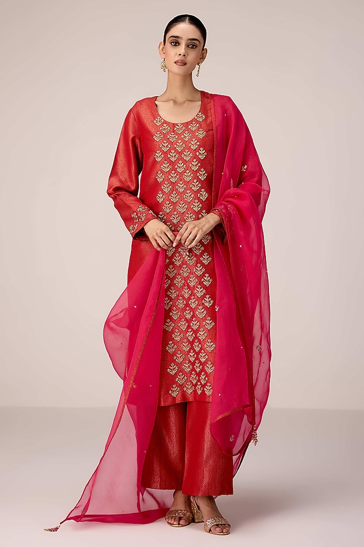 Brick Red Silk Banarasi Brocade Zardosi Embroidered Kurta Set by Shyam Narayan Prasad at Pernia's Pop Up Shop