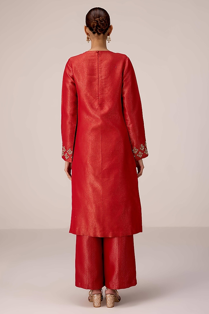 Brick Red Silk Banarasi Brocade Zardosi Embroidered Kurta Set by Shyam Narayan Prasad at Pernia's Pop Up Shop