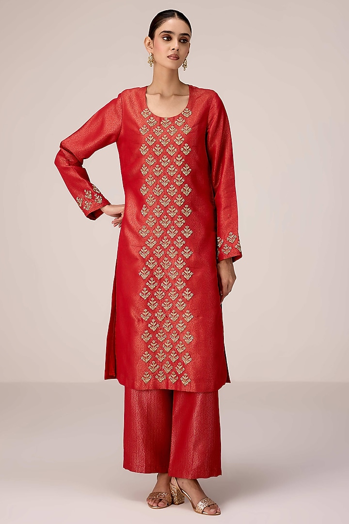 Brick Red Silk Banarasi Brocade Zardosi Embroidered Kurta Set by Shyam Narayan Prasad at Pernia's Pop Up Shop