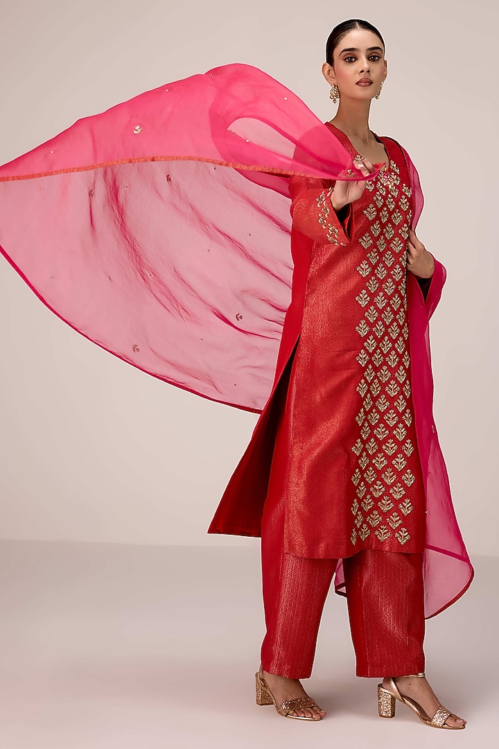 Brick Red Silk Banarasi Brocade Zardosi Embroidered Kurta Set by Shyam Narayan Prasad at Pernia's Pop Up Shop
