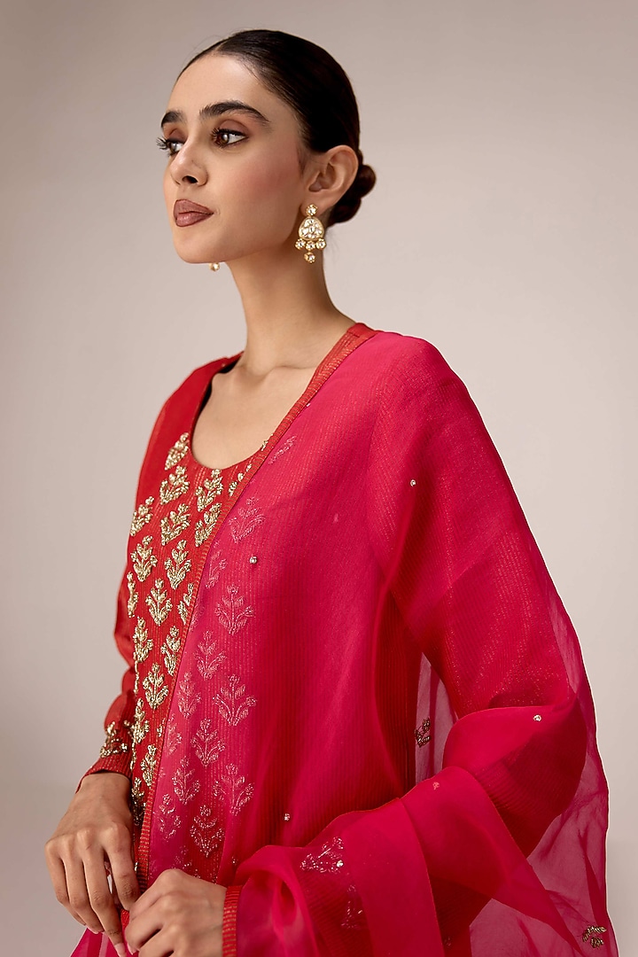 Brick Red Silk Banarasi Brocade Zardosi Embroidered Kurta Set by Shyam Narayan Prasad at Pernia's Pop Up Shop