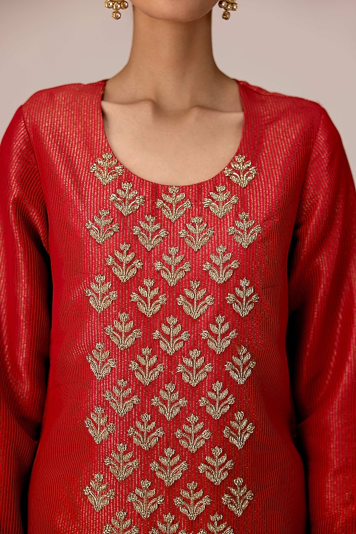 Brick Red Silk Banarasi Brocade Zardosi Embroidered Kurta Set by Shyam Narayan Prasad at Pernia's Pop Up Shop