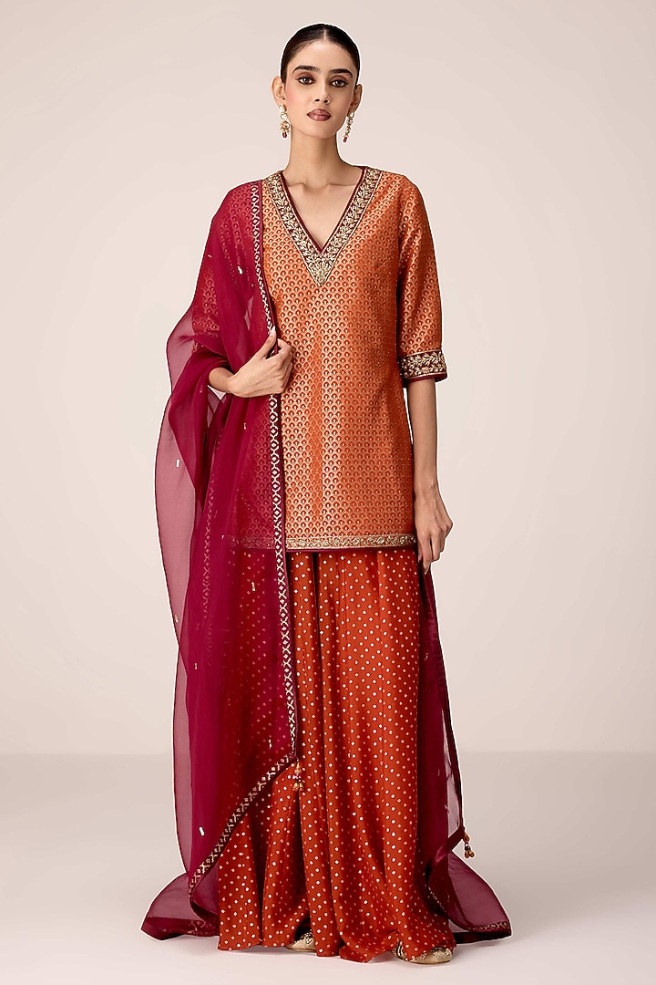 Rust Orange Chinon Skirt Set by Shyam Narayan Prasad at Pernia's Pop Up Shop