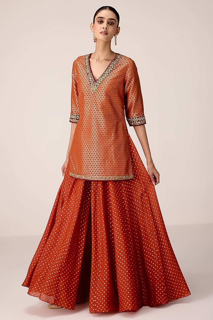 Rust Orange Chinon Skirt Set by Shyam Narayan Prasad at Pernia's Pop Up Shop