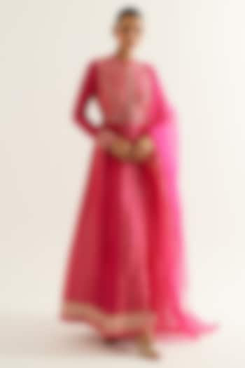 Fuchsia Silk Brocade & Georgette Zardosi Embroidered Wedding Anarkali Set by Shyam Narayan Prasad at Pernia's Pop Up Shop