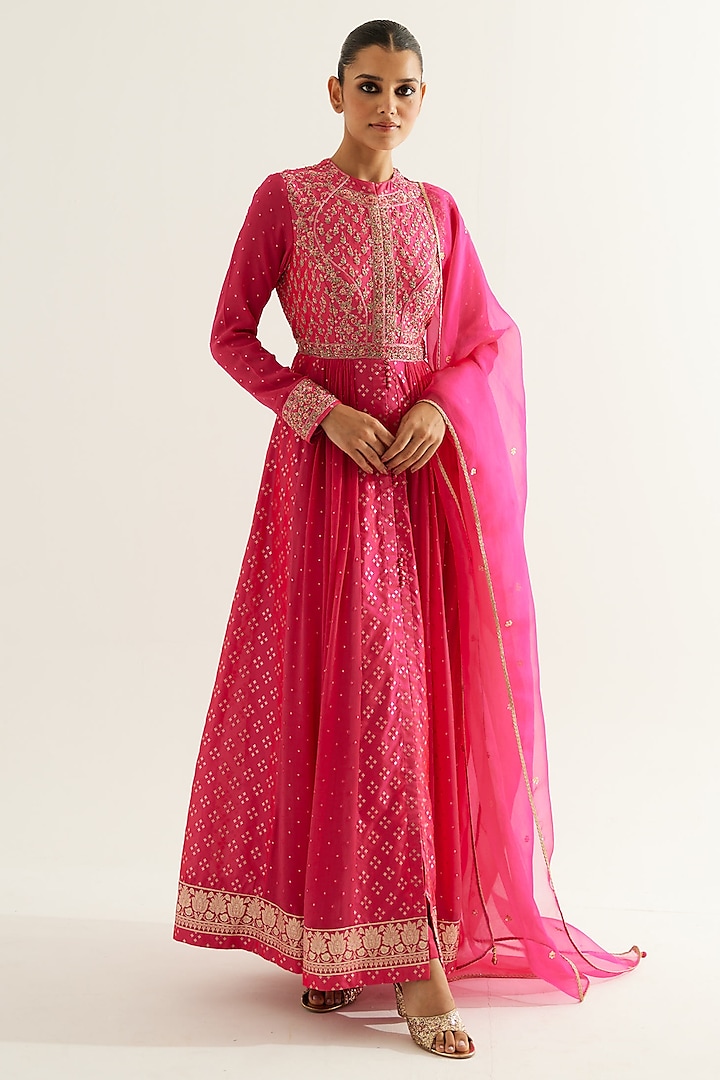 Fuchsia Silk Brocade & Georgette Zardosi Embroidered Wedding Anarkali Set by Shyam Narayan Prasad at Pernia's Pop Up Shop