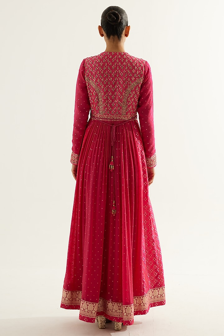 Fuchsia Silk Brocade & Georgette Zardosi Embroidered Wedding Anarkali Set by Shyam Narayan Prasad at Pernia's Pop Up Shop
