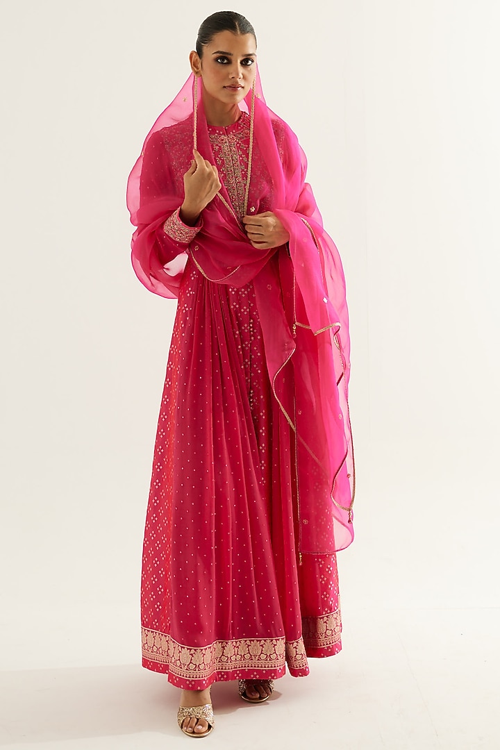Fuchsia Silk Brocade & Georgette Zardosi Embroidered Wedding Anarkali Set by Shyam Narayan Prasad at Pernia's Pop Up Shop