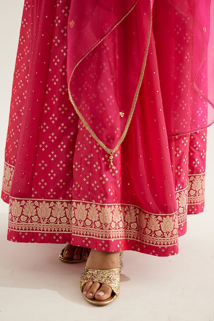 Fuchsia Silk Brocade & Georgette Zardosi Embroidered Wedding Anarkali Set by Shyam Narayan Prasad at Pernia's Pop Up Shop