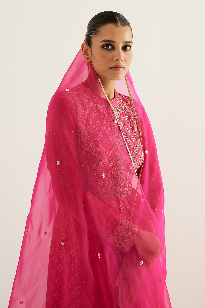 Fuchsia Silk Brocade & Georgette Zardosi Embroidered Wedding Anarkali Set by Shyam Narayan Prasad at Pernia's Pop Up Shop
