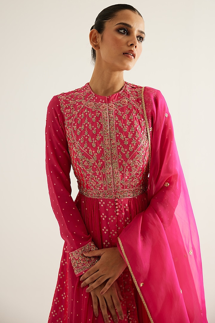 Fuchsia Silk Brocade & Georgette Zardosi Embroidered Wedding Anarkali Set by Shyam Narayan Prasad at Pernia's Pop Up Shop