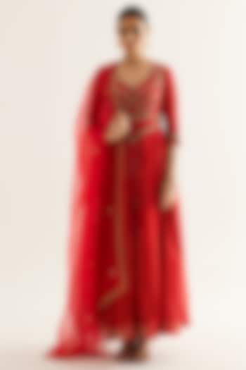 Red Silk Brocade & Georgette Zardosi Embroidered Wedding Anarkali Set by Shyam Narayan Prasad at Pernia's Pop Up Shop