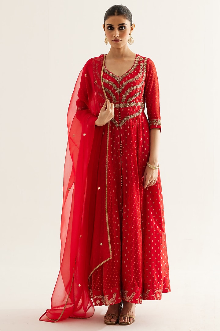 Red Silk Brocade & Georgette Zardosi Embroidered Wedding Anarkali Set by Shyam Narayan Prasad at Pernia's Pop Up Shop