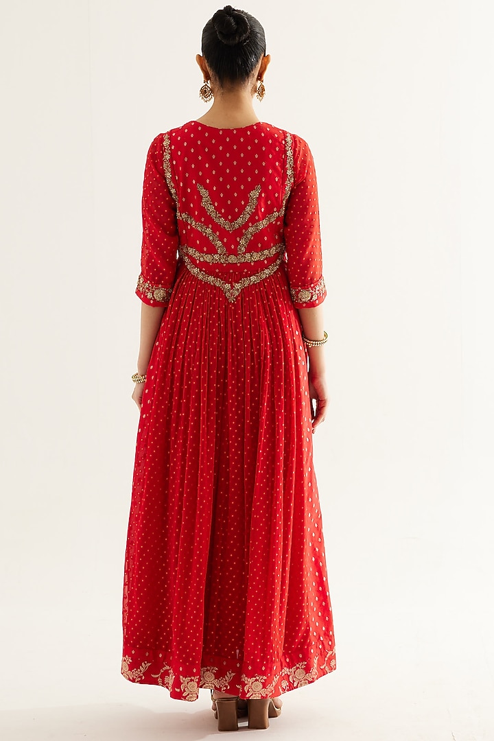 Red Silk Brocade & Georgette Zardosi Embroidered Wedding Anarkali Set by Shyam Narayan Prasad at Pernia's Pop Up Shop