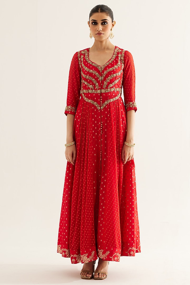 Red Silk Brocade & Georgette Zardosi Embroidered Wedding Anarkali Set by Shyam Narayan Prasad at Pernia's Pop Up Shop