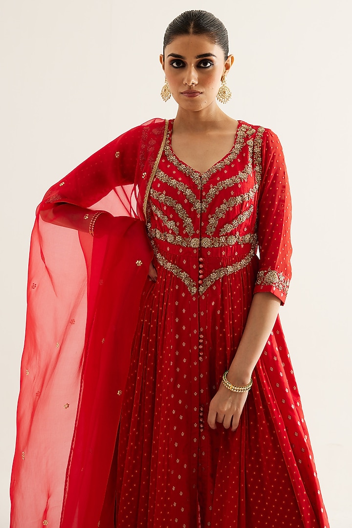 Red Silk Brocade & Georgette Zardosi Embroidered Wedding Anarkali Set by Shyam Narayan Prasad at Pernia's Pop Up Shop